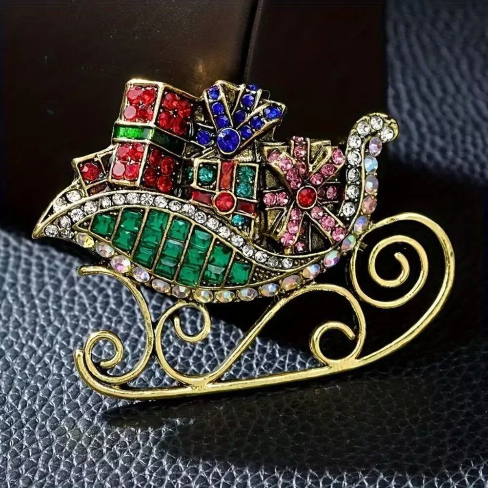 Elegant Holiday Festive Rhinestone Sleigh w Presents Brooch Colorful and Joyful